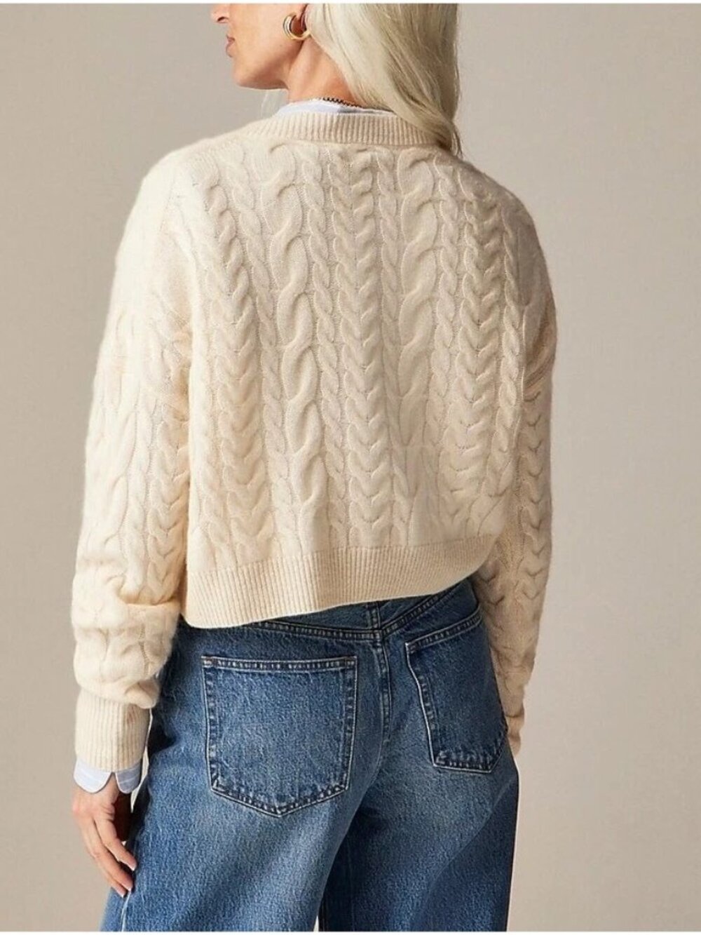 NWT J.Crew Cashmere Cropped Cable-knit V-neck Sweater in Warm Sesame Ivory L - Picture 3 of 9